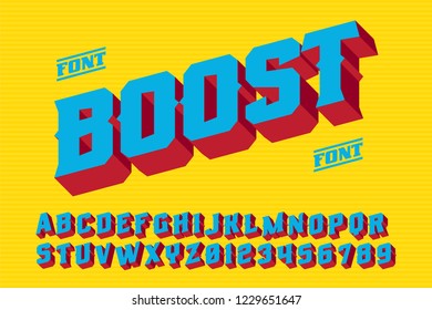 Boost font. 3D vintage alphabet letters. Vector retro illustration