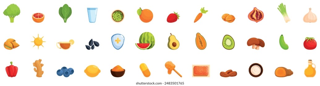 Boost immune icons set. Immune system boosting food icons set, healthy diet infographic with vitamins and minerals