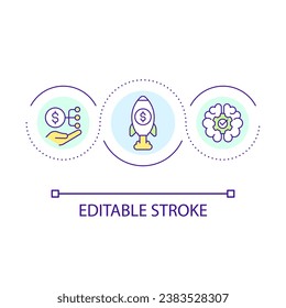 Impulsar el icono de concepto de bucle de ingresos. Mejorar la situación financiera. Ilustración delgada de ideas abstractas de estrategia empresarial rentable. Dibujo de contorno aislado. Trazo editable. Tipo de letra arial utilizado