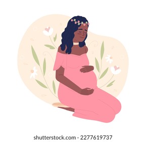 Boost mental health in pregnancy 2D vector isolated spot illustration. Expectant mother hugging belly flat character on cartoon background. Colorful editable scene for mobile, website, magazine