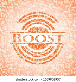 Boost orange tile background illustration. Square geometric mosaic seamless pattern with emblem inside.