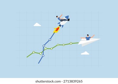 Boost performance, businessman riding fast rising speed rocket on graph.