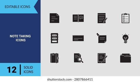 Boost personal productivity workflows using solid note taking icons ideal for quick reminders digital journaling and rapid brainstorming session dashboards.