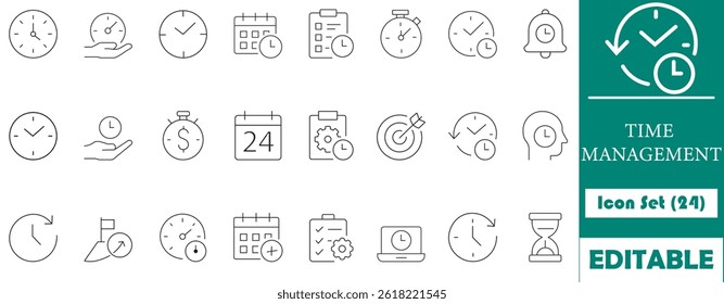 Boost productivity with this minimalist time management icon set, featuring 24 editable icons for clocks, schedules, tasks, and deadlines. Ideal for web and app design.