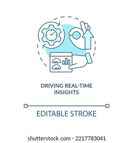 Boost real-time insights turquoise concept icon. Monitoring business data abstract idea thin line illustration. Isolated outline drawing. Editable stroke. Arial, Myriad Pro-Bold fonts used
