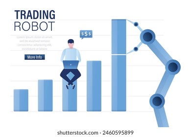 Boost revenue with automatic trading signals. Help for traders or entrepreneurs, trading robot boost earnings on stock market. Improvement productivity and profit with chat bot or robot. flat vector