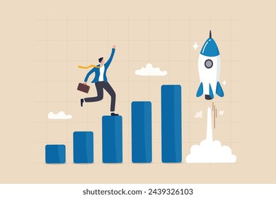 Boost rocket to business growing fast, investment growth, start or launch new business, innovation to boost success, rising up and improvement concept, businessman on growth chart launching rocket.