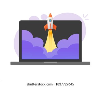 Boost rocket launch taking off business online on laptop computer vector, digital fast quick growing pc internet start up, idea of new product release, high speed web startup project development