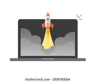 Boost rocket launch or taking off icon on laptop computer vector flat cartoon illustration, digital fast quick growing business on pc internet startup, new product release isolated
