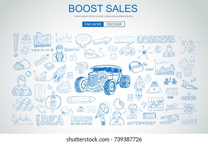 Boost Sales concept with Business Doodle design style: online carts, sales and offers, best timing. Modern style illustration for web banners, brochure and flyers.