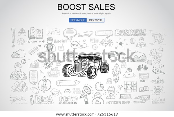 Boost Sales concept with
Business Doodle design style: online carts, sales and offers, best
timing. Modern style illustration for web banners, brochure and
flyers.
