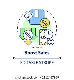 Impulsar el icono de concepto de ventas. Ventaja de precios dinámica ilustración abstracta idea de línea delgada. Aumentar la promoción de marca. Dibujo de contorno aislado. Trazo editable. Fuentes Roboto-Medium, Myriad Pro-Bold utilizadas