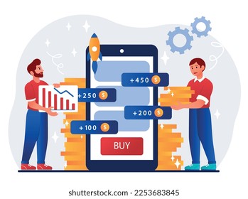 Boost sales concept. Men with gold coins near smartphone screen. Innovation and startup, financial literacy and passive income. Talented and successful entrepreneurs. Cartoon flat vector illustration