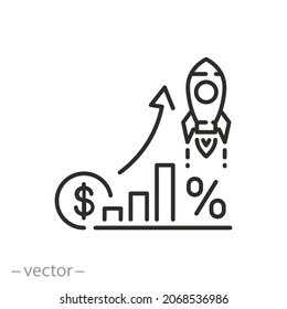 boost sales icon, percentage cost growth, increase fund mutual, fast rise up business, economic profit, financial chart, investment cashback, thin line symbol - editable stroke vector illustration