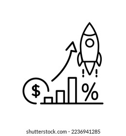 icono de ventas de impulso, crecimiento de costes porcentuales, aumento mutuo de fondos, aumento rápido de las empresas, beneficio económico, gráfico financiero, contrapartida de inversión, símbolo de línea delgada - ilustración de vector de apodo editable