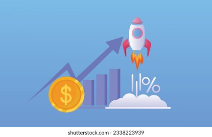 Impulsar el icono de ventas, el crecimiento de los costes porcentuales, aumentar el mutualismo de fondos, acelerar el crecimiento de los negocios, el beneficio económico, el gráfico financiero, el reembolso de inversiones.sobre fondo azul.Ilustración de diseño de vectores.