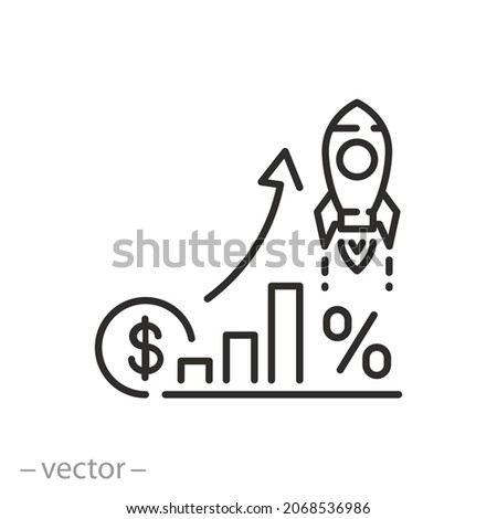 boost sales icon, percentage cost growth, increase fund mutual, fast rise up business, economic profit, financial chart, investment cashback, thin line symbol - editable stroke vector illustration
