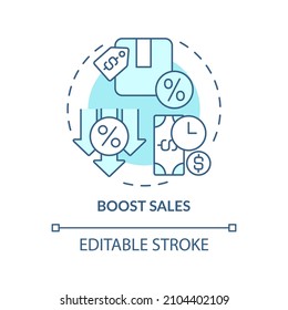 Boost sales turquoise concept icon. Dynamic pricing abstract idea thin line illustration. Discounted products. Isolated outline drawing. Editable stroke. Roboto-Medium, Myriad Pro-Bold fonts used