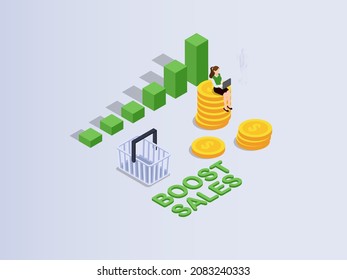 Boost sales vector concept. Businesswoman working with laptop computer while sitting on stack of coins with shopping cart and financial diagram background