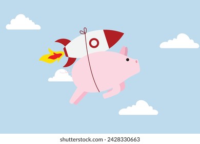 Boost saving and get higher return, pink piggy bank that flies with rocket booster.