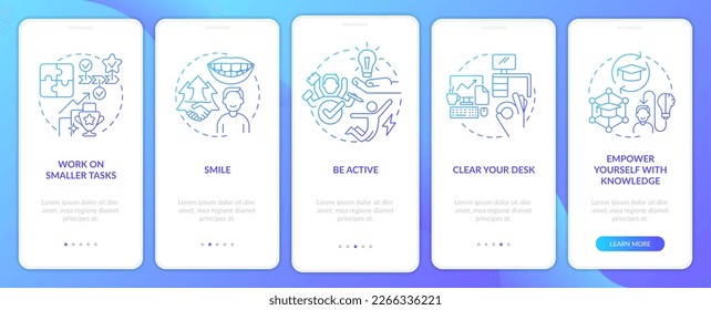 Boost self confidence at work blue gradient onboarding mobile app screen. Walkthrough 5 steps graphic instructions with linear concepts. UI, UX, GUI template. Myriad Pro-Bold, Regular fonts used