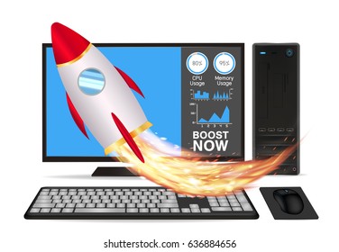 boost speed desktop computer with toy rocket 