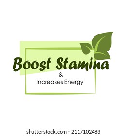 Impulsar la resistencia y aumentar el producto adhesivo de energía. Elemento nutritivo para efecto de potencia, etiqueta de paquete ilustración vectorial con hojas verdes