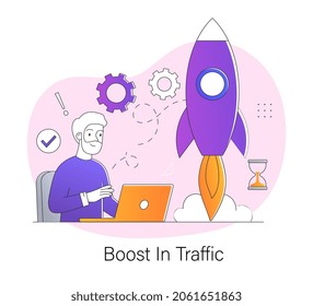 Boost in traffic. SEO strategy. Man sitting at laptop and attracts new users to website or social network. Optimization of application. Cartoon flat vector illustration isolated on white background