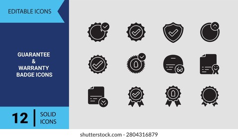 Boost trust with guarantee and warranty badge icons solid icon set perfect for ecommerce customer retention buyer protection policies and retail store banners