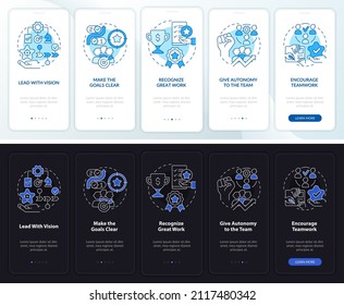 Boost worker motivation night and day mode onboarding mobile app screen. Walkthrough 5 steps graphic instructions pages with linear concepts. UI, UX, GUI template. Myriad Pro-Bold, Regular fonts used