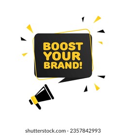 Boost your brand icon. Flat, yellow, sign with a megaphone, boost your brand, develop your brand. Vector icon