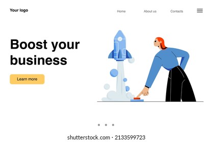 Boost your business banner. Concept of fast launch and development project, start up. Vector landing page of startup strategy with flat illustration of woman pushing button and flying rocket