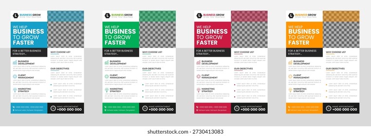 Boost Your Business Growth with this Professional Flyer Template Bundle for Corporate Marketing and Strategy Presentation Featuring Four Vibrant Color Variations and Clean Modern Infographic Styles