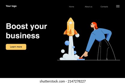 Boost your business landing page. Startup success, launch project concept with woman push on start button and rocket fly up. Progress, innovation and development, Line art flat vector fweb banner.