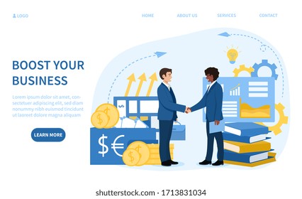 Boost Your Business as two diverse businessmen shake hands over partnership or deal surrounded by business and money icons, large pre-existing databases in order to generate new information.