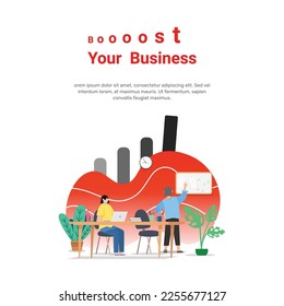 potencie su ilustración de vector de negocio. Informe comercial, crecimiento, planificación, portátil para personas de negocios.