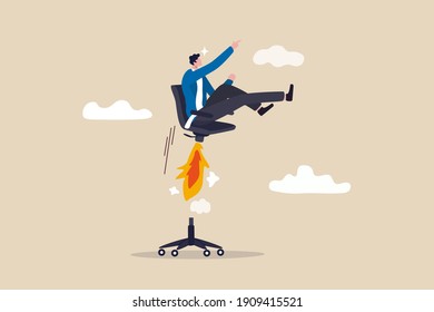 Boost your career development, job promoted to higher position or start new opportunity and motivation to succeed concept, businessman sitting on take off office chair with jetpack or rocket booster.