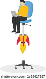 Boost your career development, job promoted to higher position or start new opportunity and motivation to succeed concept, businessman sitting on take off office chair with jetpack or rocket booster

