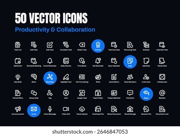 Boost your design projects with this clean and modern icon set focused on Productivity and Collaboration. Perfect for apps, websites, dashboards, presentations, and creative interfaces.