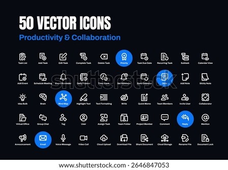 Boost your design projects with this clean and modern icon set focused on Productivity and Collaboration. Perfect for apps, websites, dashboards, presentations, and creative interfaces.