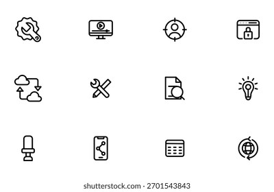 Boost your digital presence with these modern marketing strategy icons for website design and social media engagement, attracting more customers and enhancing SEO