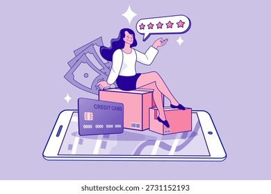 Aumente suas vendas de e-commerce e a confiança do cliente com conceitos profissionais de compras on-line. Mulher feliz com cartão de crédito, caixas de encomendas e avaliação de 5 estrelas em um smartphone digital.