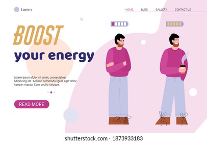 Boost your energy concept of website with character of active and exhausted man, cartoon vector illustration. Landing page on topic of fatigue and tiredness overcoming.