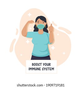 boost your immune system lettering with woman wearing medical mask vector illustration design