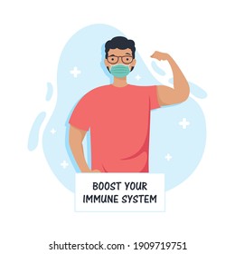 Boost Your Immune System Lettering With Man Strong Wearing Medical Mask Vector Illustration Design