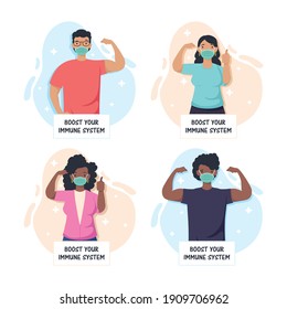 boost your immune system recommendations with four interracial persons vector illustration design