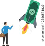 Boost your income, Growth increasing business revenue or profit, Rising investment earnings, investor with dollar money sign, Launch rocket booster high in sky

