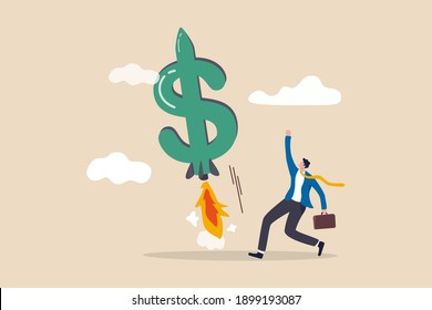 Boost your income, growth increasing business revenue or profit, rising investment earning concept, happy businessman company owner or investor with dollar money sign launch rocket booster high in sky