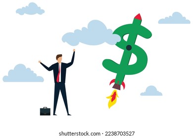 Boost your income, happy businessman company owner or investor with dollar money sign launch rocket booster high in sky