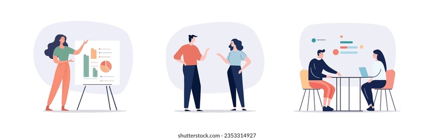 Boost your office vibes with this diverse vector illustration set. Meetings and presentations, it's all here.